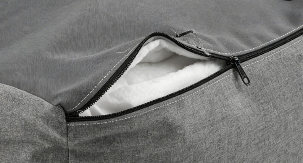 Close-up of a black zipper on grey fabric furniture (like a cushion or pet bed), revealing soft white filling inside