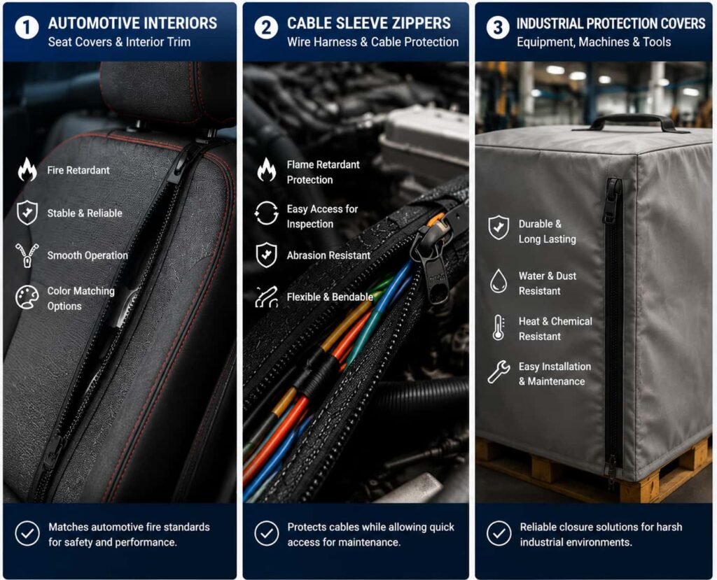 3-in-1 industrial zipper application infographic: fire retardant zippers for automotive seat covers, cable sleeve zippers for wire harness protection, heavy-duty zippers for industrial machine equipment covers