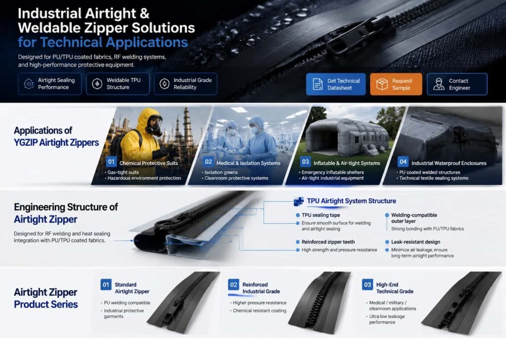 Industrial Airtight & Weldable Zipper Solutions landing page banner, TPU airtight zipper for chemical suits, medical isolation systems, inflatable shelters and industrial waterproof enclosures