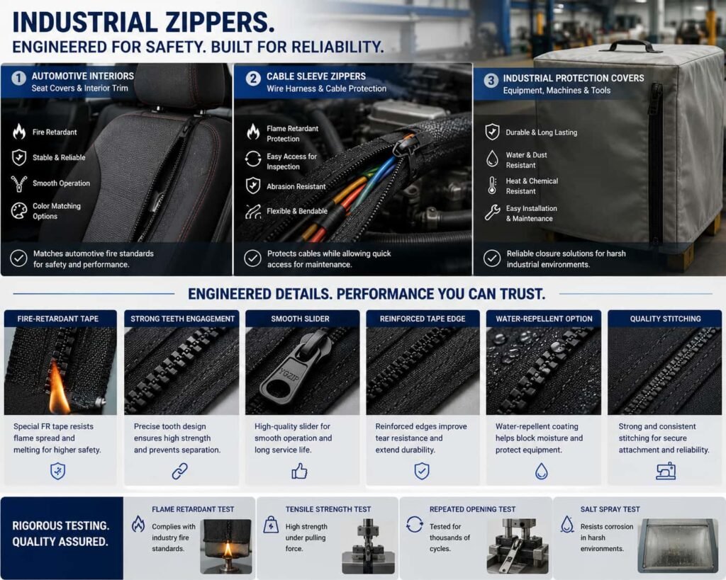 Full specification industrial zipper brochure, 3 major applications + component features + lab test data: fire retardant tape, reinforced teeth, tensile & salt spray testing
