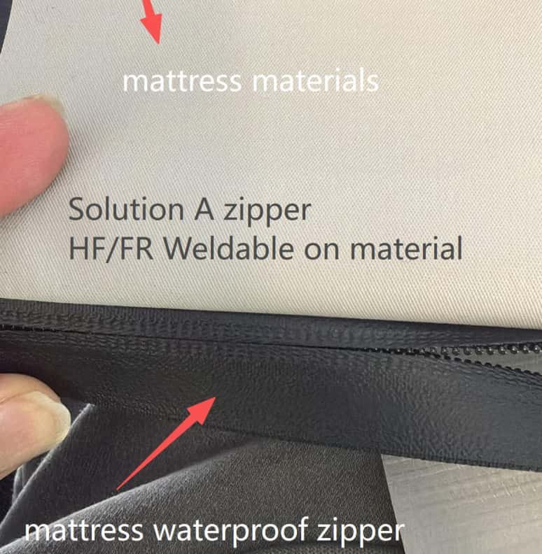 Solution A HF RF weldable waterproof zipper laminated with medical mattress PU fabric, waterproof coated nylon zipper for hospital mattress cover