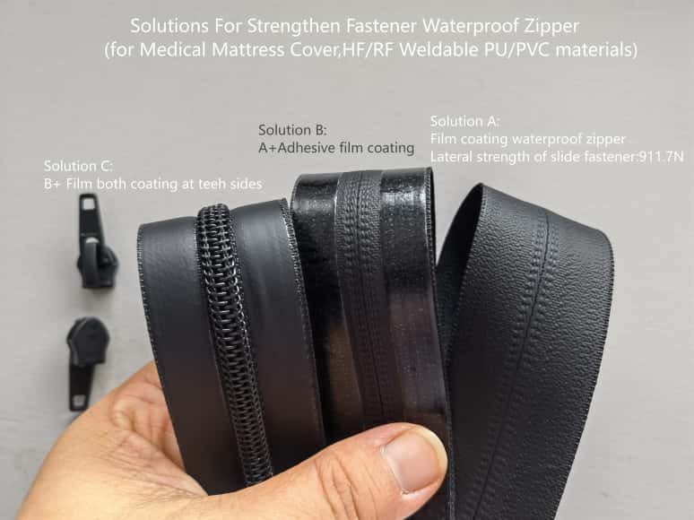 3 types strengthen fastener waterproof zipper solutions A B C for medical mattress cover, HF RF weldable PU PVC coated nylon zipper with different film coating designs