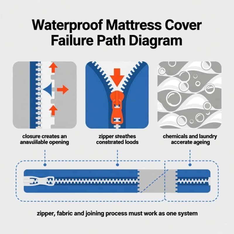 Waterproof mattress cover zipper failure path diagram, technical infographic showing 3 common failure causes: unsealed zipper gap opening, concentrated load on zipper slider, chemical laundry detergent accelerated aging; explains integrated system requirement of zipper, PU fabric and heat welding joining process for medical hospital mattress protectors