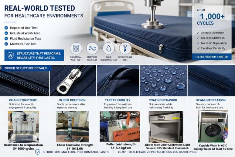 Healthcare medical mattress waterproof zipper product banner, real-world lab tested for industrial wash, fluid resistance, 1000+ cycle durability, weldable nylon zipper details