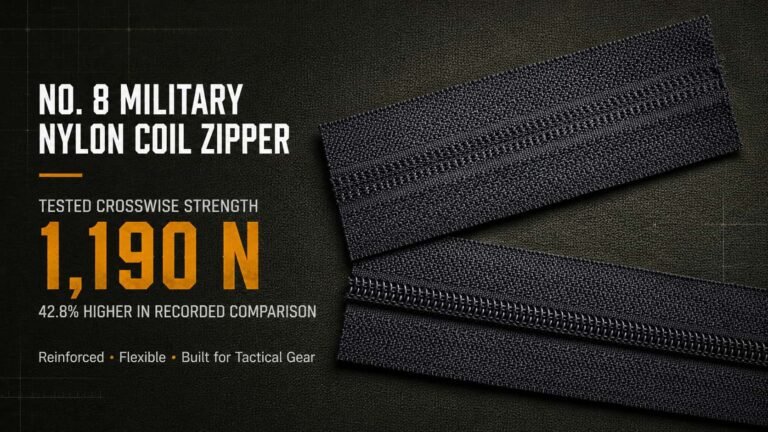 No. 8 military nylon coil zipper tested to 1,190 N crosswise strength for tactical backpacks and military textile equipment.