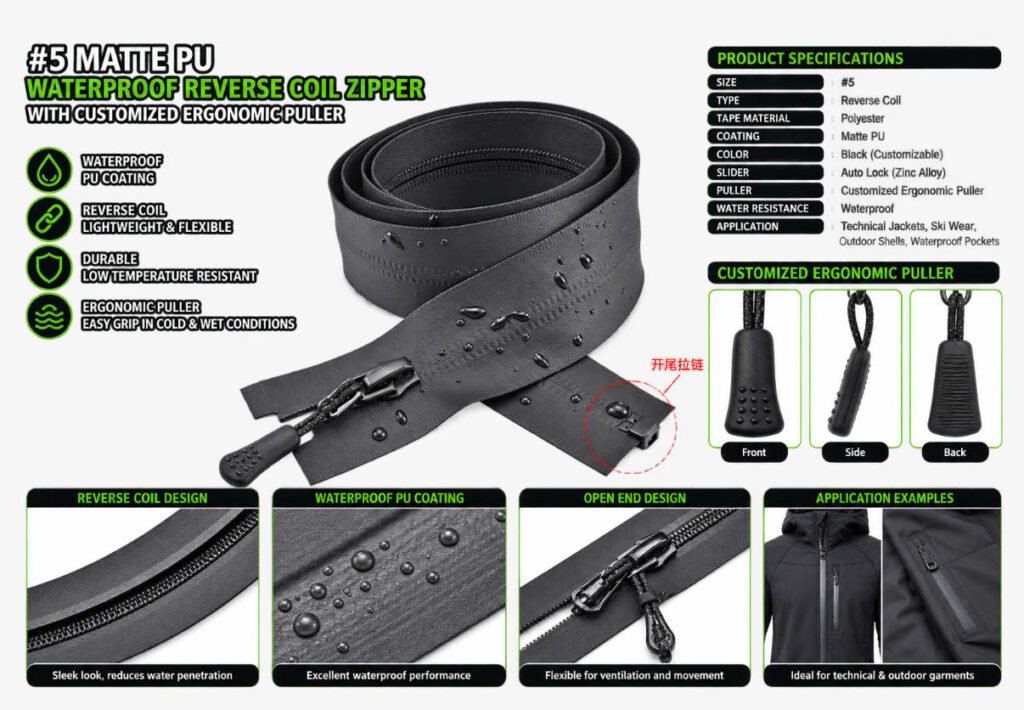 #5 Matte PU waterproof reverse coil zipper datasheet, custom ergonomic puller, technical specification for outdoor apparel zippers