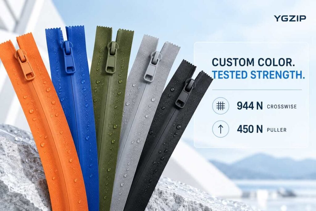 YGZIP custom-colored water-repellent zippers with recorded crosswise strength of 944 N and puller attachment strength of 450 N.