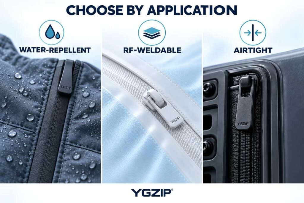 Comparison of YGZIP water-repellent, RF-weldable and airtight zipper constructions for different product applications.