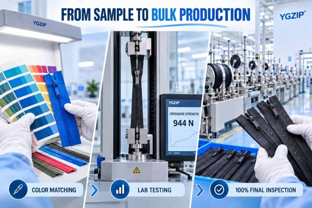 YGZIP zipper development process covering custom color matching, 944 N crosswise-strength testing and 100% finished-zipper inspection.
