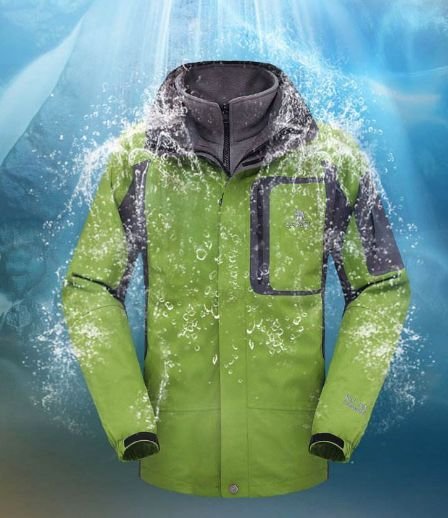 Green waterproof outdoor hiking jacket with sealed waterproof zippers, water‑resistant technical outerwear