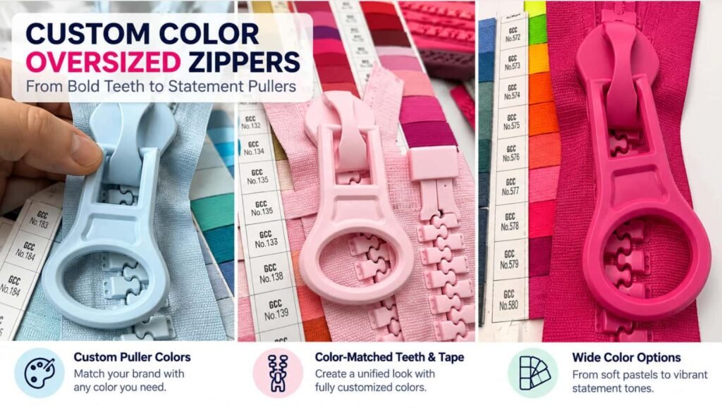 Custom color oversized resin zippers YGZIP, large ring puller chunky plastic zipper with color matched teeth and tape for fashion streetwear
