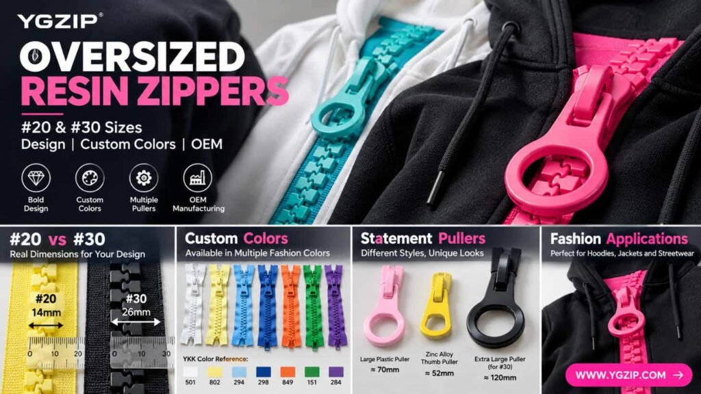 YGZIP oversized resin zippers #20 and #30, custom color big plastic zipper for hoodies jackets streetwear OEM