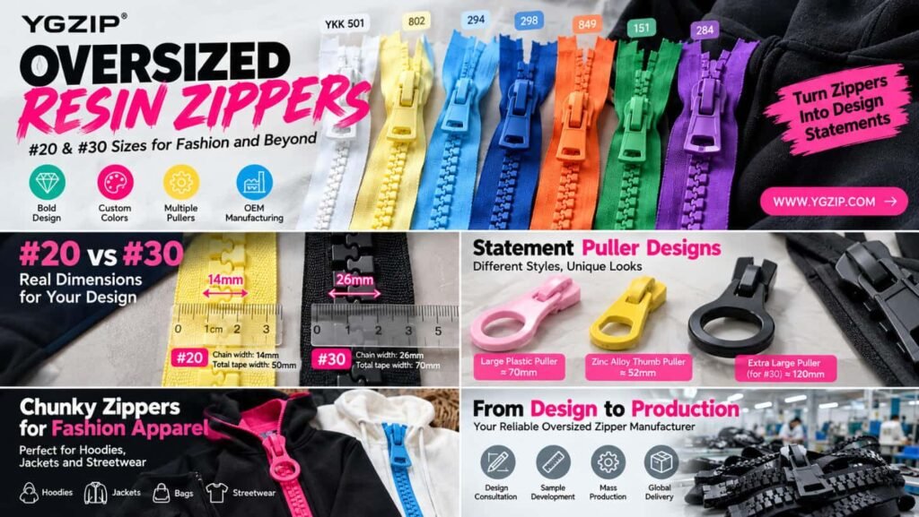 YGZIP oversized resin zippers #20 and #30, chunky plastic zippers with custom colors various pullers for streetwear hoodies jackets bags OEM manufacturing