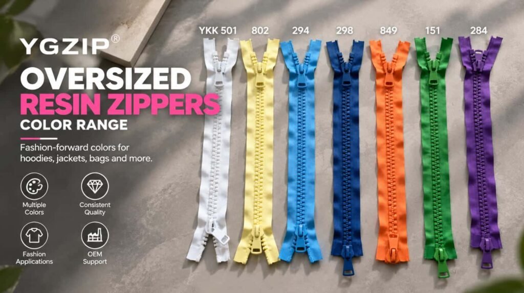 YGZIP oversized resin zipper color range, multi color #20 heavy duty plastic zipper for fashion apparel