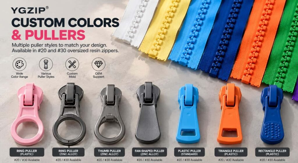 YGZIP custom pullers for #20 #30 oversized resin zipper, ring slider zinc alloy plastic puller options