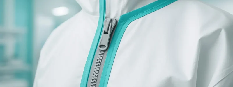 Close - up of a zipper on a white protective suit with turquoise trim.